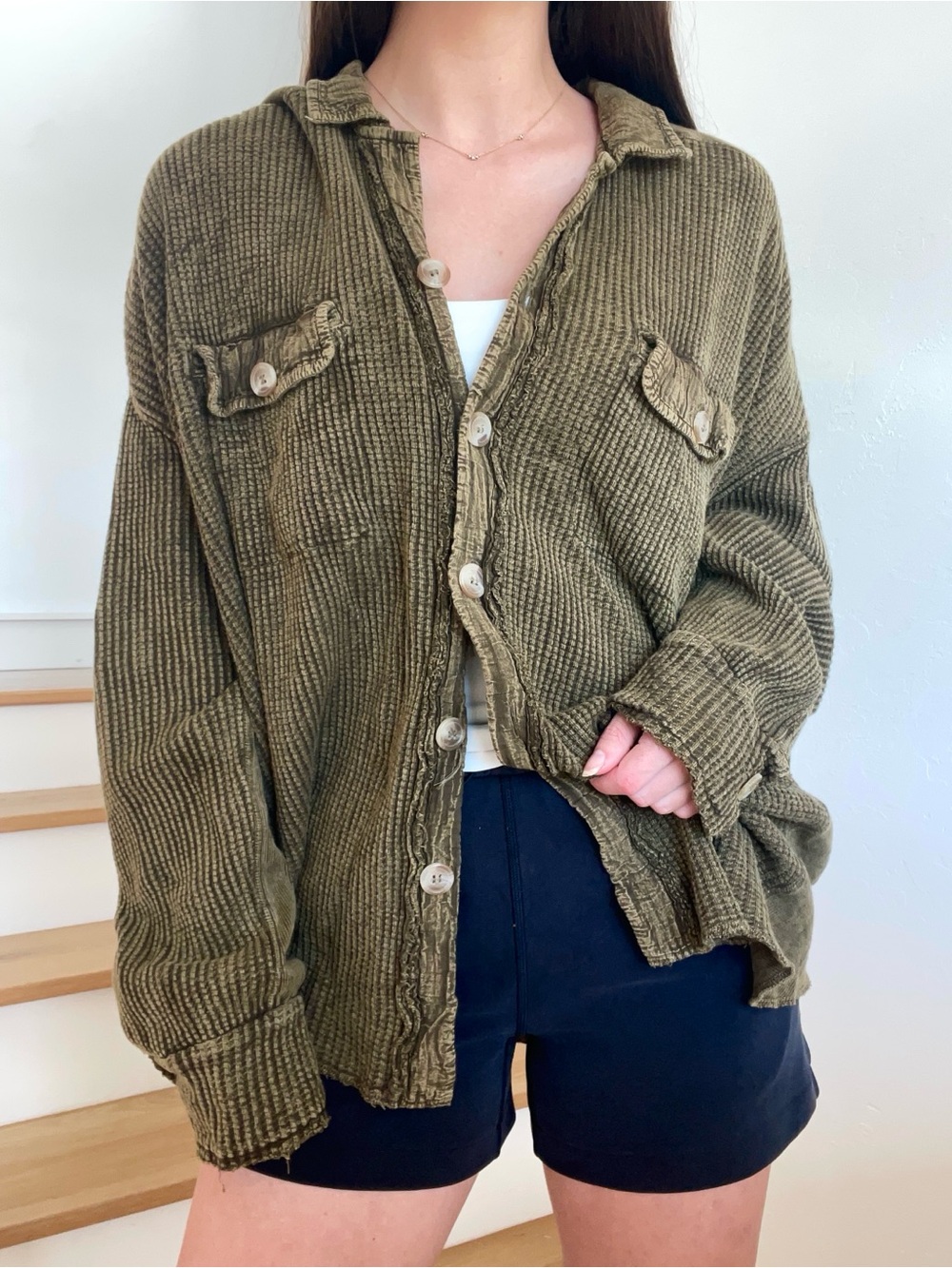 Free People FP One Scout Waffle Knit Thermal Olive Army Green Jacket Shirt Large